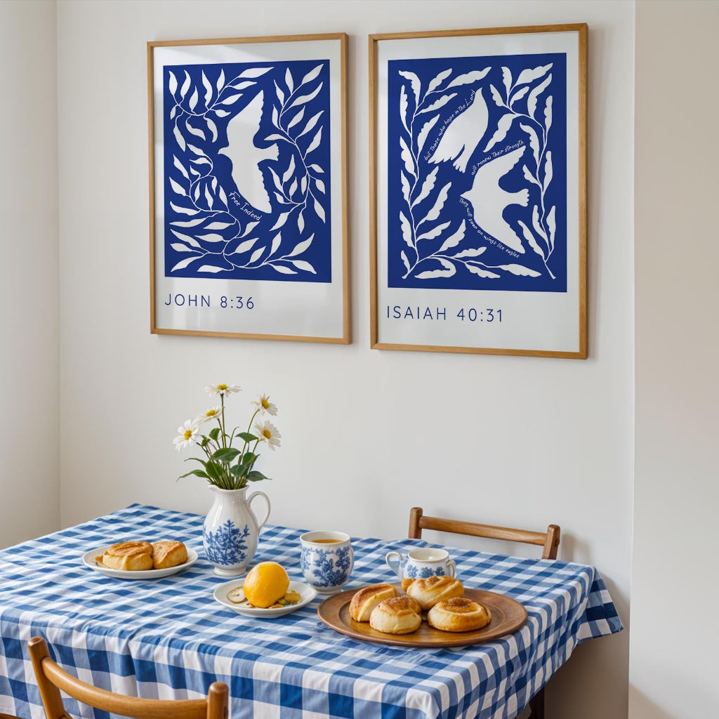 Contemporary Bible verse prints with a serene abstract design and white bird motifs, symbolising strength and freedom through faith.