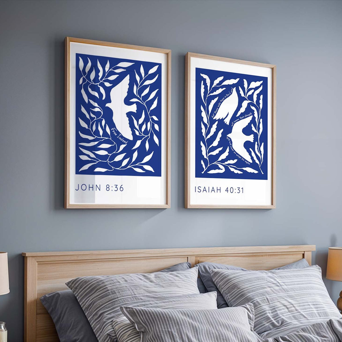 Abstract Christian art print set featuring white birds on a blue botanical background with Bible verses from Isaiah 40:31 and John 8:36.