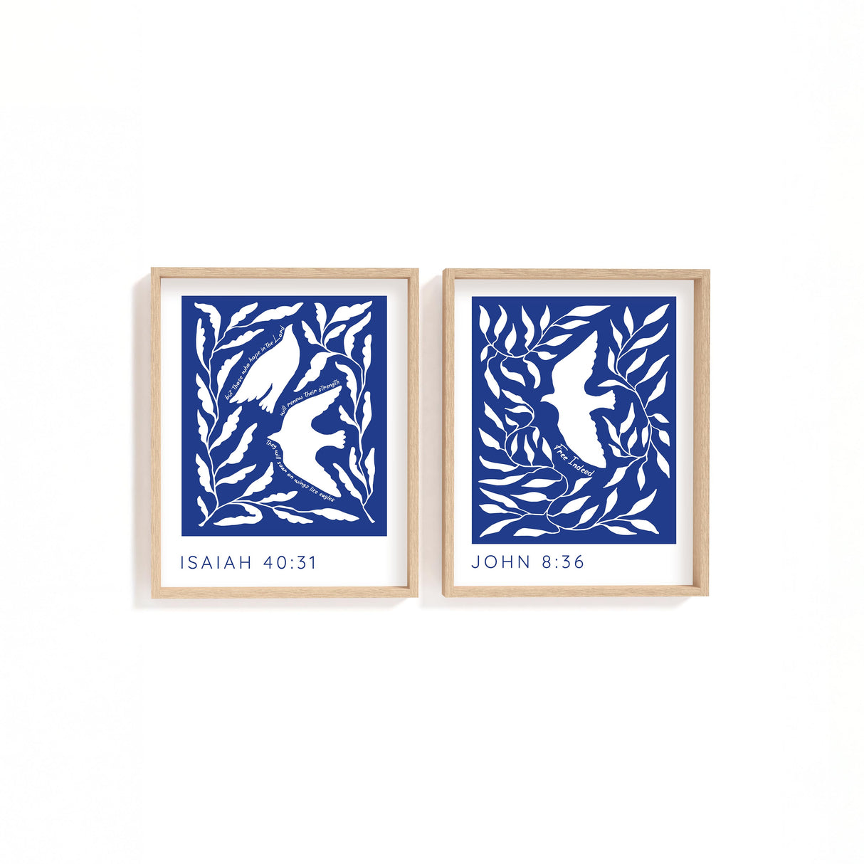 Contemporary Christian art print set with Isaiah 40:31 and John 8:36 in blue botanical abstract style.