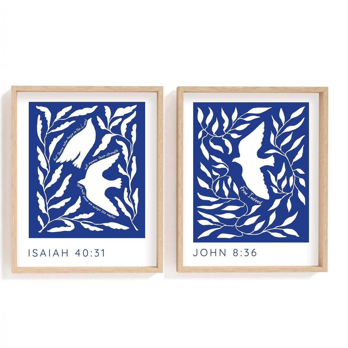 Contemporary Christian art print set with Isaiah 40:31 and John 8:36 in blue botanical abstract style.