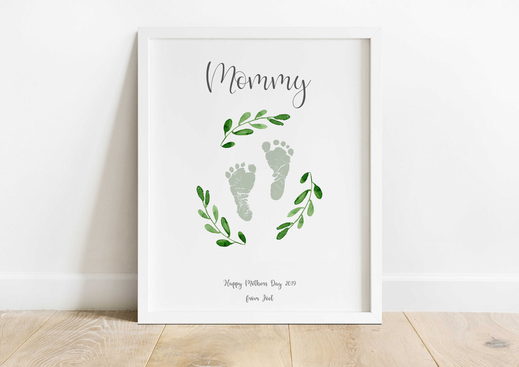 Mommy's special baby footprint print with personalized details, Personalized baby footprints surrounded by green leaf wreath for mommy