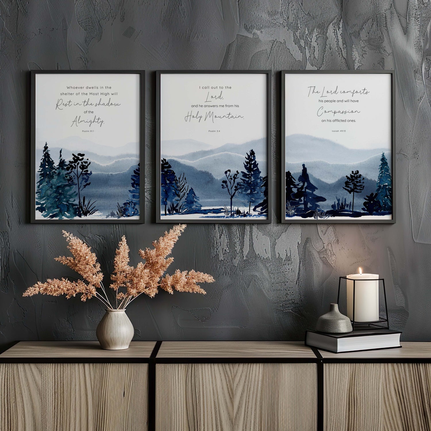 Tranquil mountain scene with Psalm 91:1 about resting in the shelter of the Almighty. Serene nature-inspired print with Psalm 3:4 about God answering from His holy mountain.