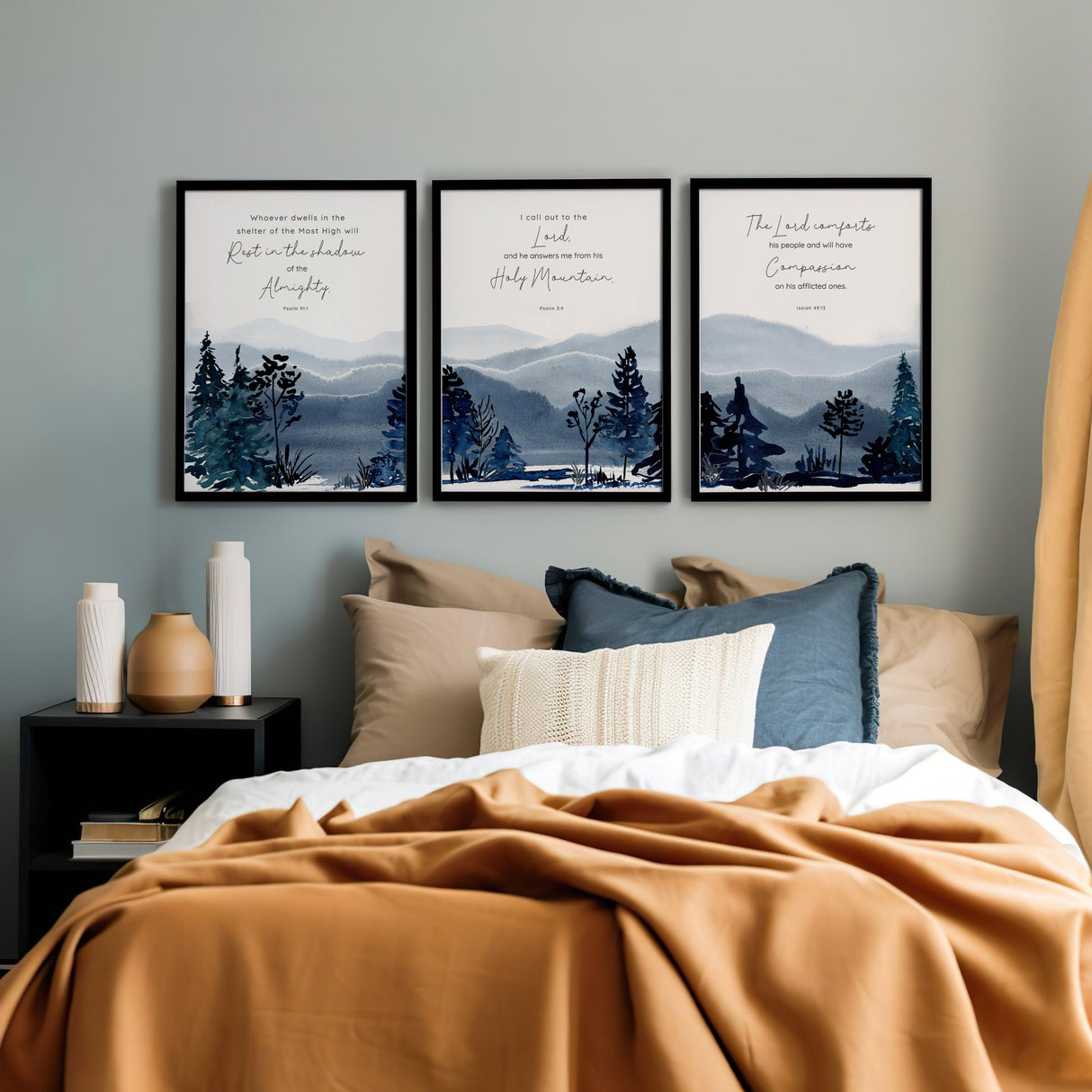Isaiah 49:13 Scripture print with comforting words and a calming mountain backdrop. Set of 3 blue and green prints with Bible verses offering peace, prayer, and compassion.