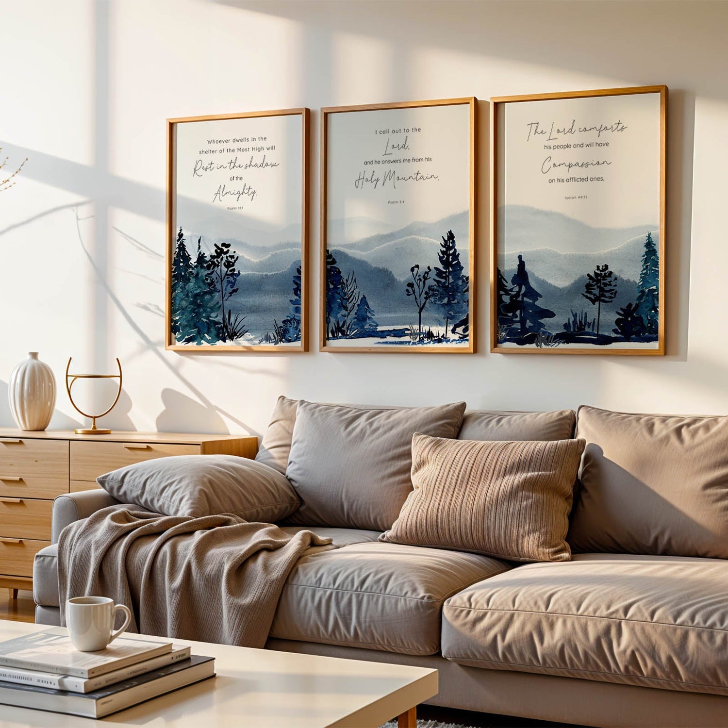 Set of three Bible verse prints with calming blue mountains and lush forest details. Christian wall art trio featuring peaceful watercolour mountain landscapes and uplifting verses.
