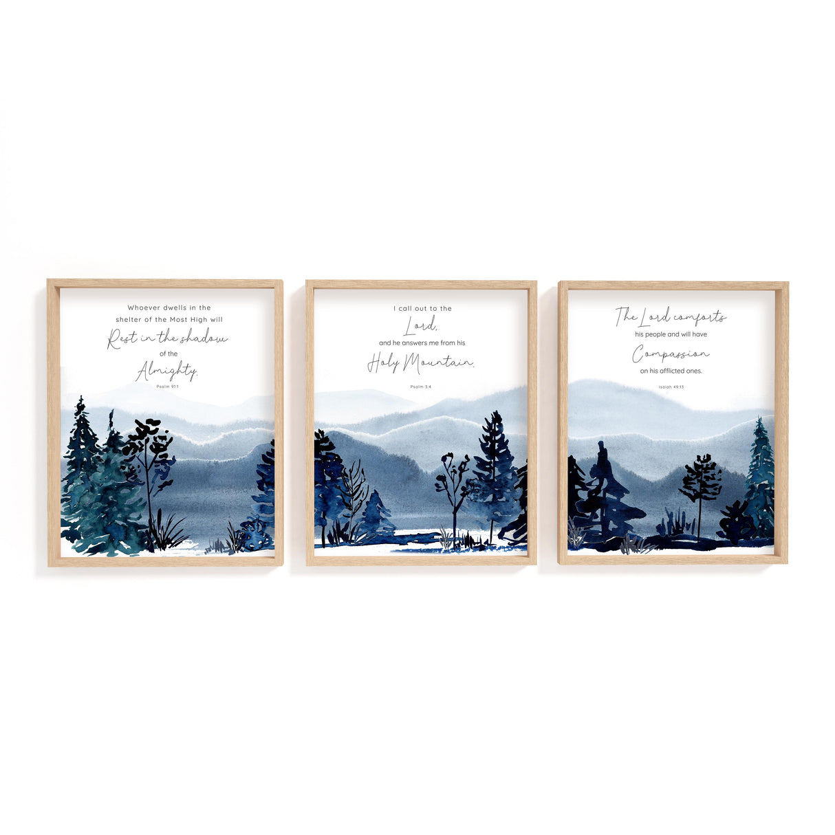 Set of three watercolour mountain prints with comforting Bible verses in blue and green Christian decor.