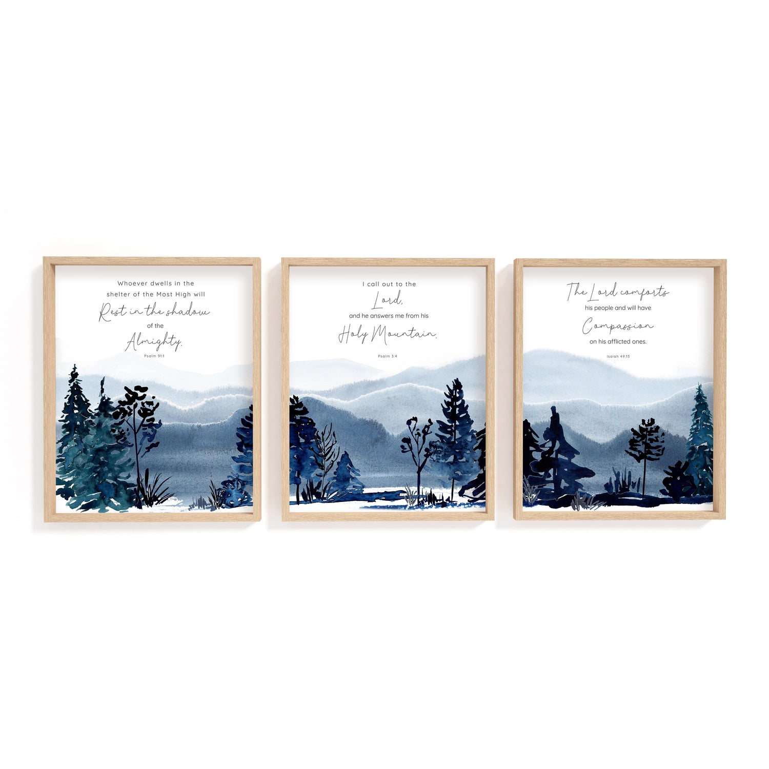 Set of three watercolour mountain prints with comforting Bible verses in blue and green Christian decor.