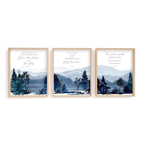 Set of three watercolour mountain prints with comforting Bible verses in blue and green Christian decor.