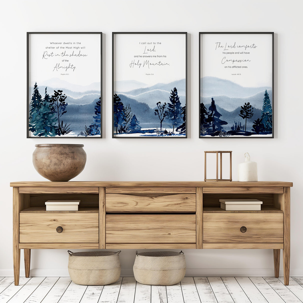 Christian wall art triptych featuring Psalms and Isaiah verses with serene mountain and tree design.