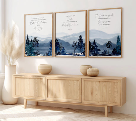 Mountain-themed scripture prints with calming watercolour landscapes to inspire faith and peace.