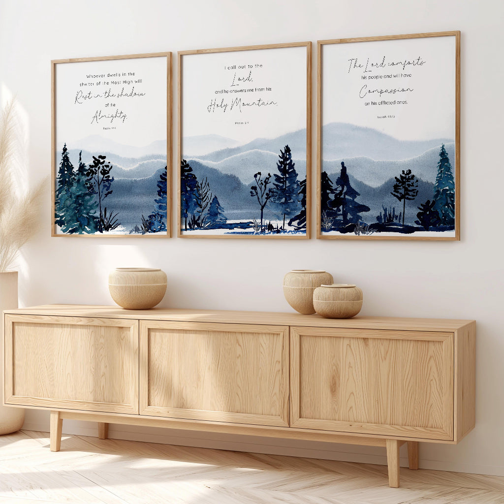 Mountain-themed scripture prints with calming watercolour landscapes to inspire faith and peace.
