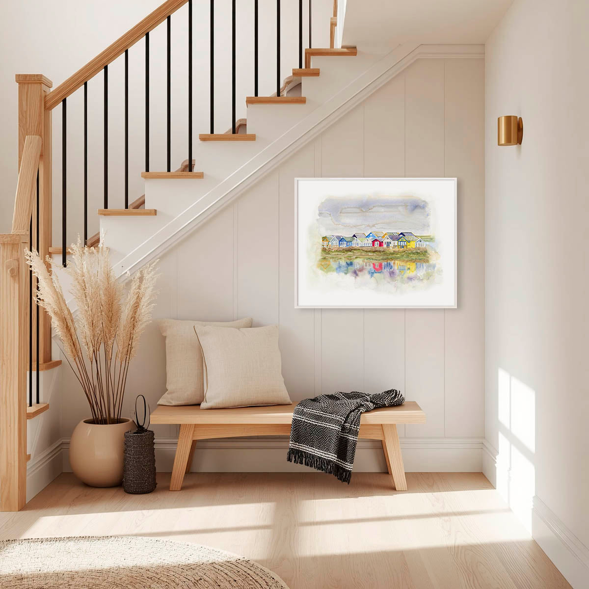 'Beach Huts 1' - Dorset prints featuring the iconic Mudeford beach huts in loose watercolour — colourful coastal wall art and seaside home decor in green, yellow, blue and red, by Crafty Cow Design.