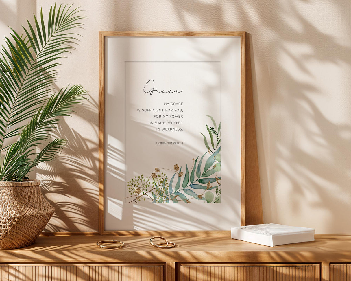 “My Grace is Sufficient” Bible verse artwork with soft botanical illustration.