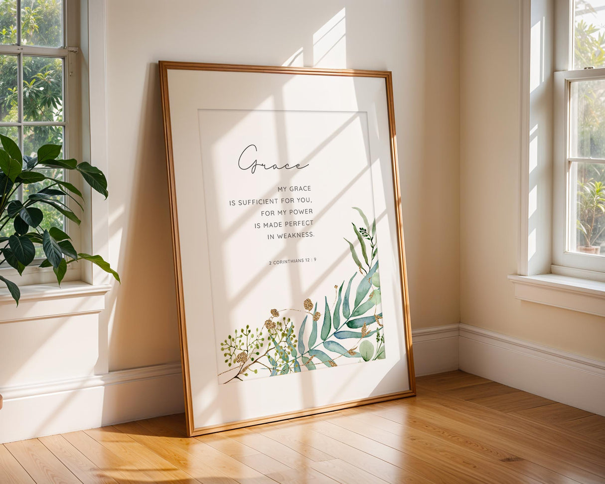 Christian wall art print featuring 2 Corinthians 12:9 with watercolour flowers and leaves.
