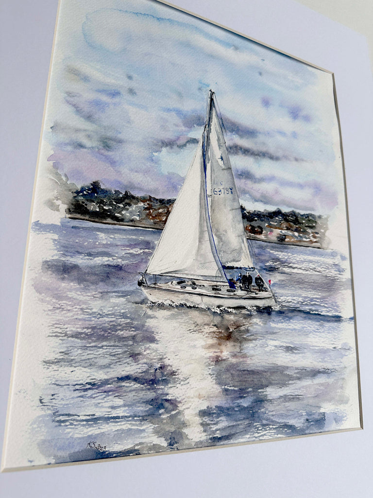 Watercolor sailboat art coastal home decor, Yacht sailing seascape painting Poole Bay, Poole Bay seascape watercolour artwork