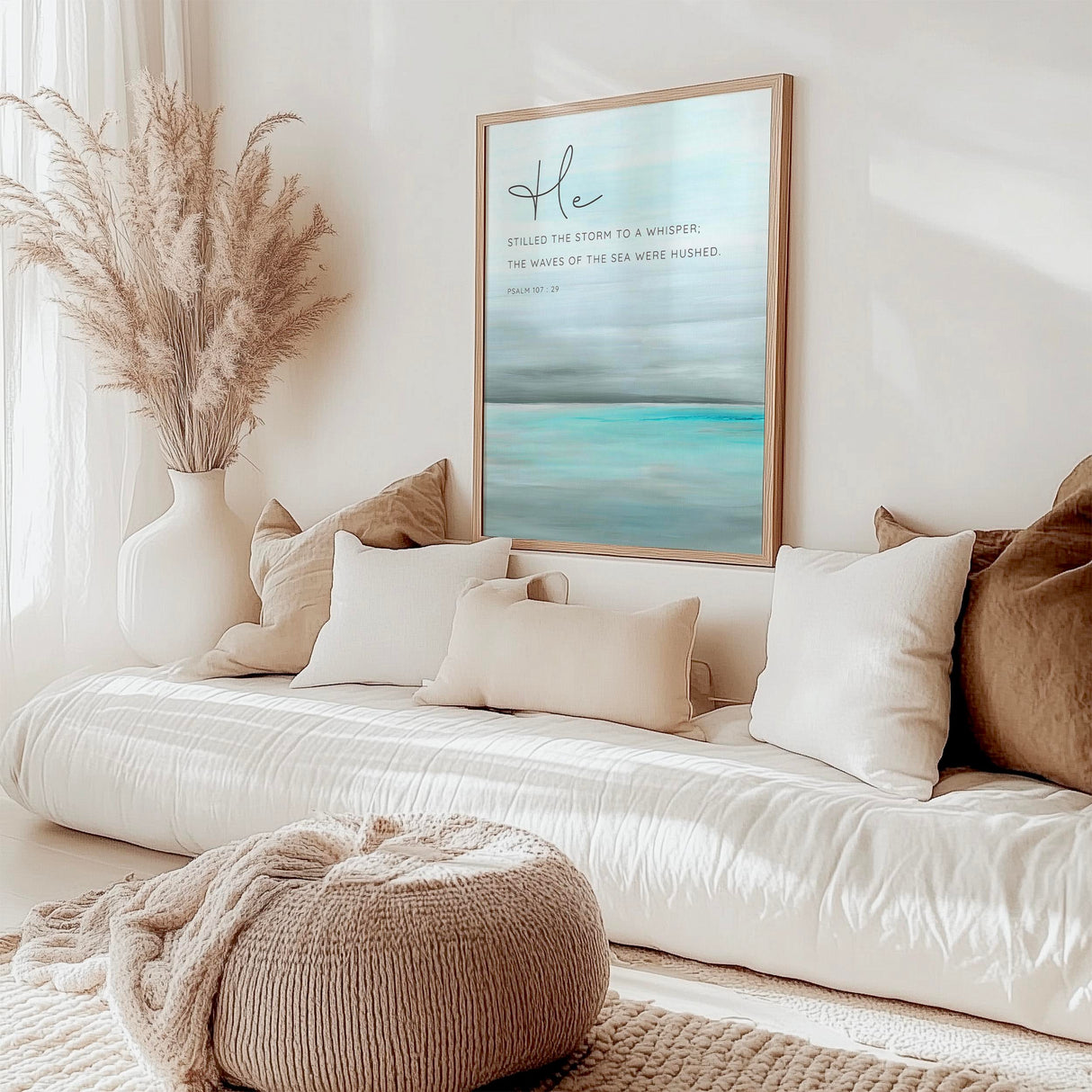 Peaceful water-themed Bible verse artwork with soft turquoise waves and message of faith in God's calming power.