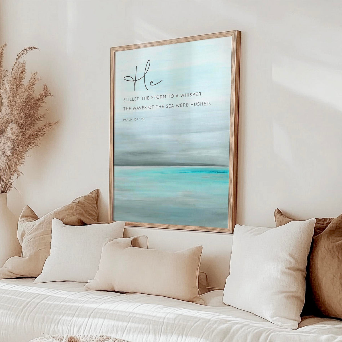 Peaceful water-themed Bible verse artwork with soft turquoise waves and message of faith in God's calming power.