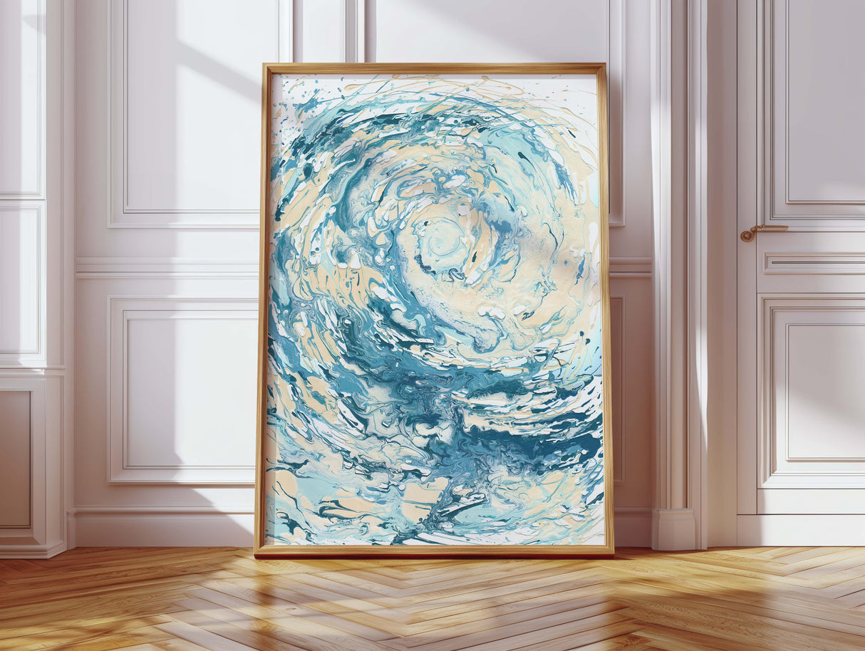 'Wave I' coastal abstract wall art, capturing the beauty and energy of the sea in dynamic blue tones.