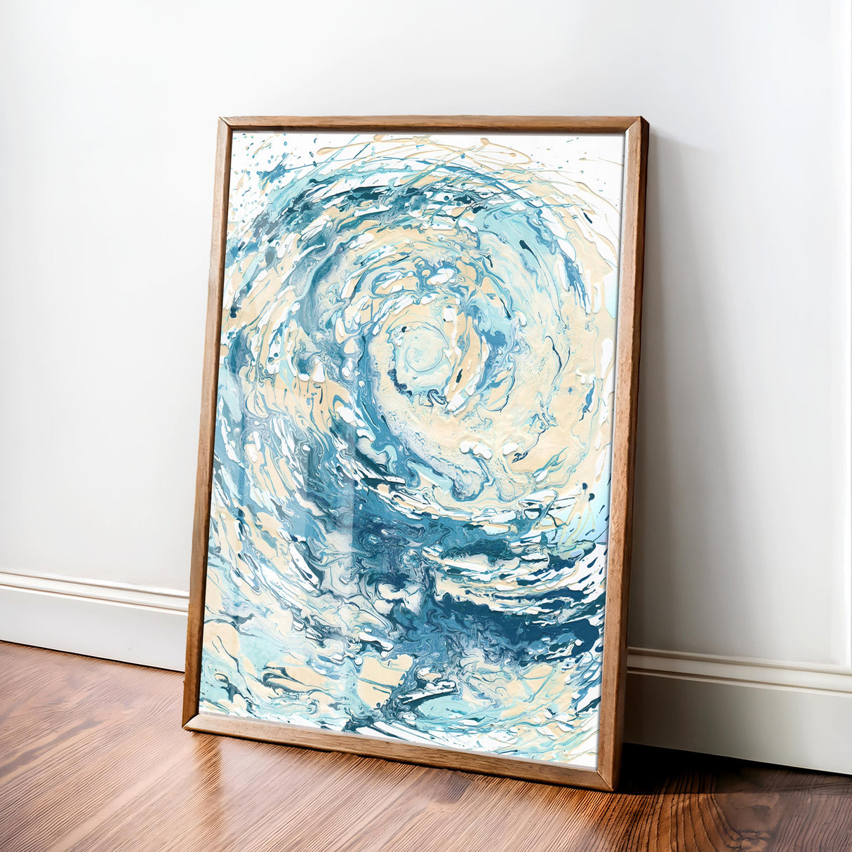 'Wave I' sea wave print, featuring bold abstract brushwork in vibrant coastal blues and ocean-inspired tones.