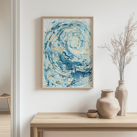 'Wave I' abstract ocean wall art with dynamic brushstrokes in blue and white, inspired by the power of the sea.