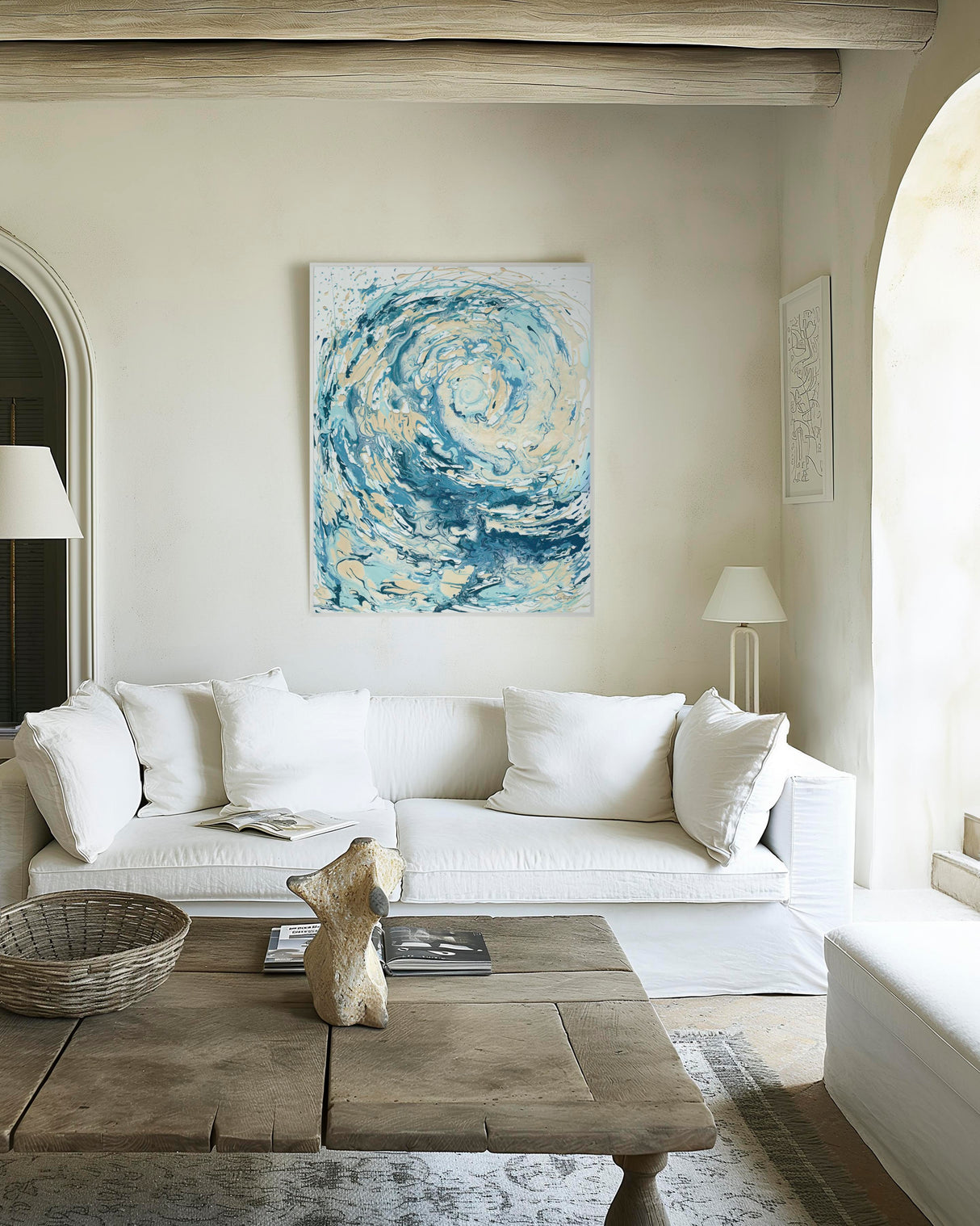 'Wave I' - Abstract ocean art in swirling teal, turquoise and sandy cream on canvas — blue wave canvas print and blue sea print for coastal decor living room wall art, by Crafty Cow Design.