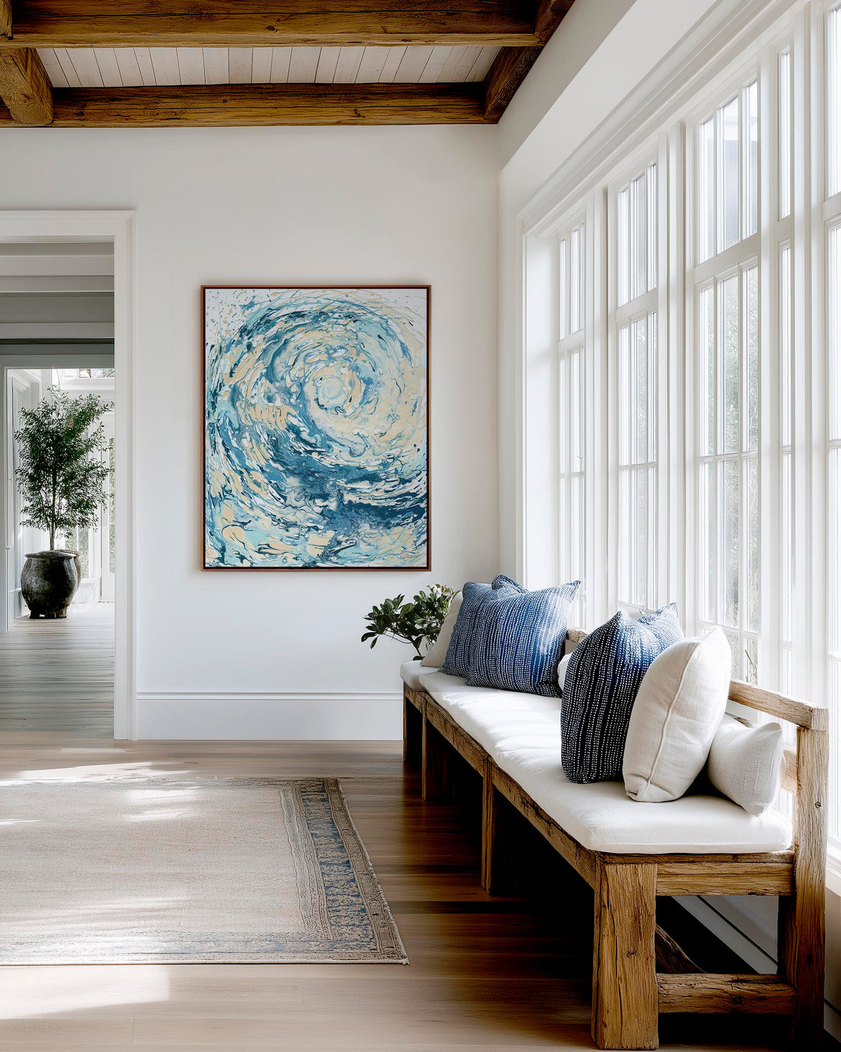 'Wave I' - Abstract ocean art in swirling turquoise and deep navy on canvas — blue wave canvas print and blue sea print for coastal decor living room wall art, by Crafty Cow Design.