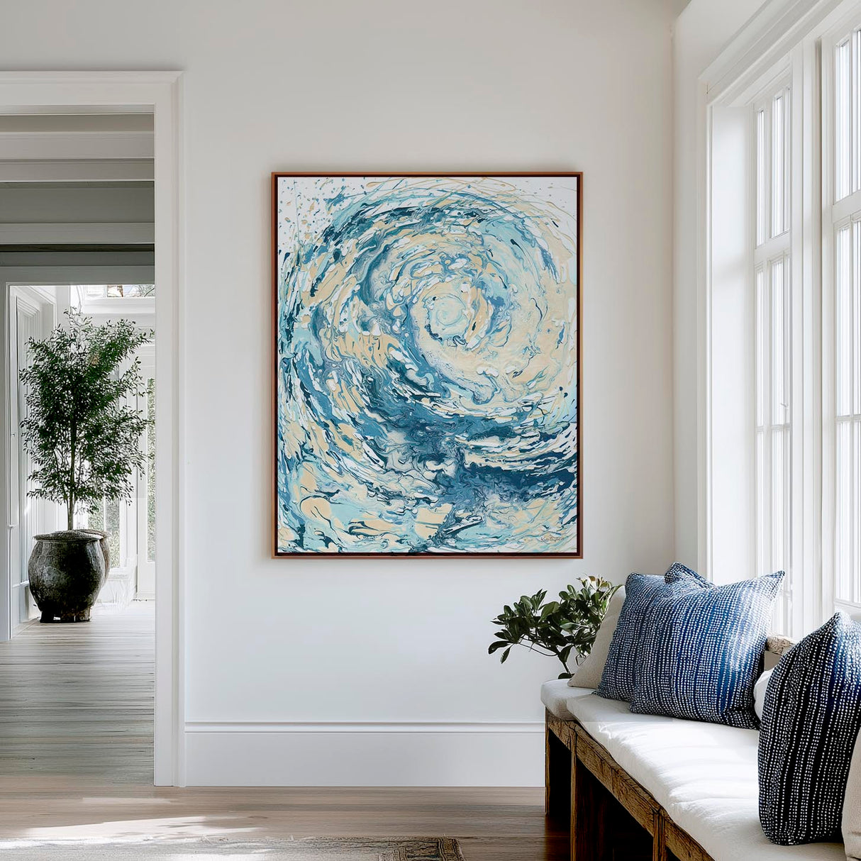 'Wave I' - A stunning blue wave canvas print in fluid acrylic — abstract ocean art in swirling turquoise and deep navy for coastal decor living room wall art and modern coastal interiors, by Crafty Cow Design.