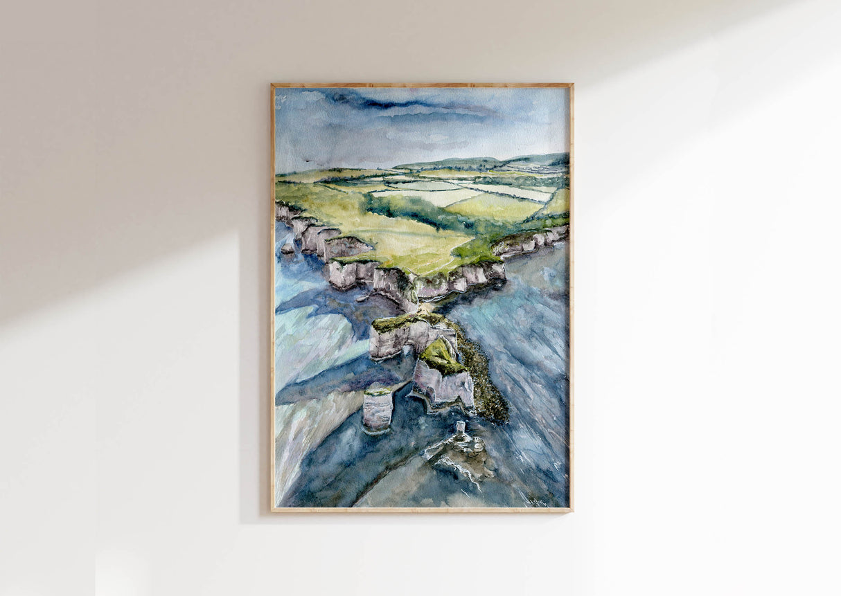 Art print of aerial watercolour showing Old Harry Rocks