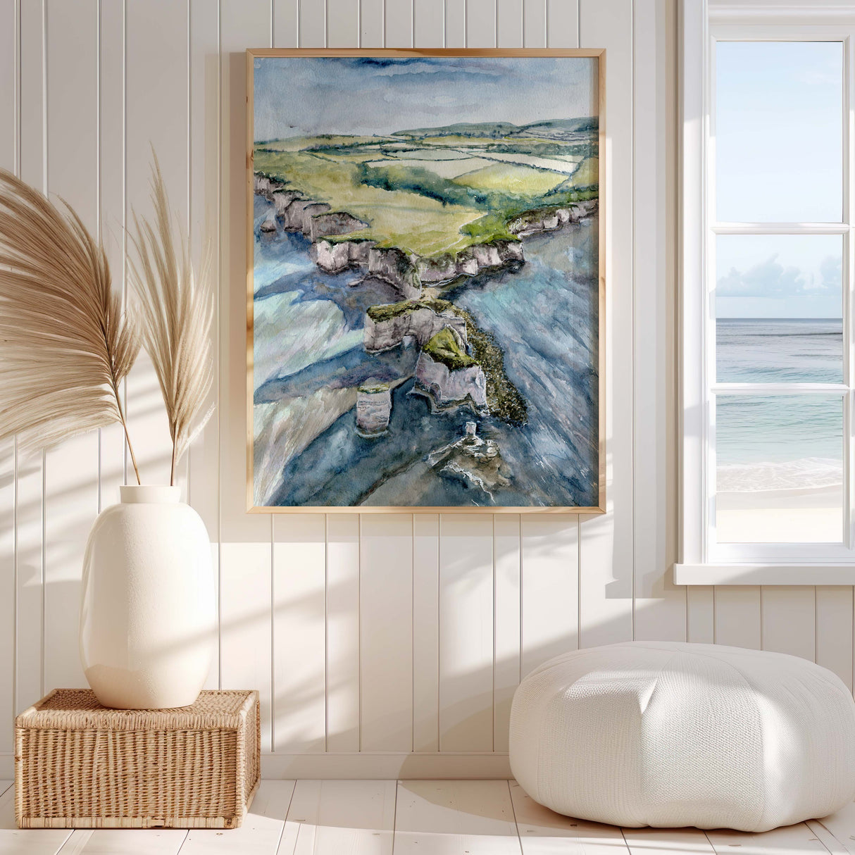 Watercolour print of Purbeck Hills and sea cliffs