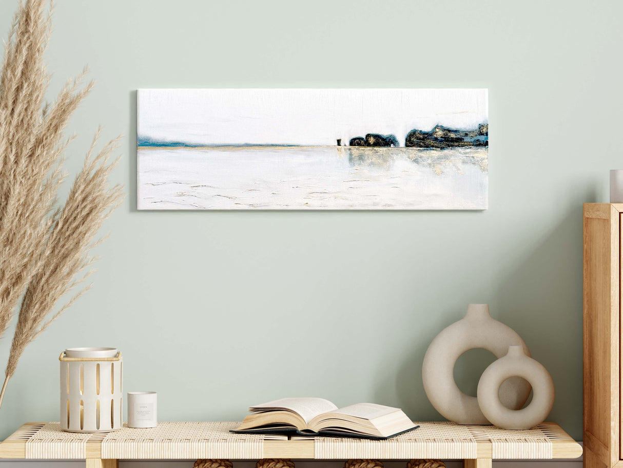 Oil painting of Old Harry Rocks in indigo and burnt umber tones with gold highlights and shimmering sea.