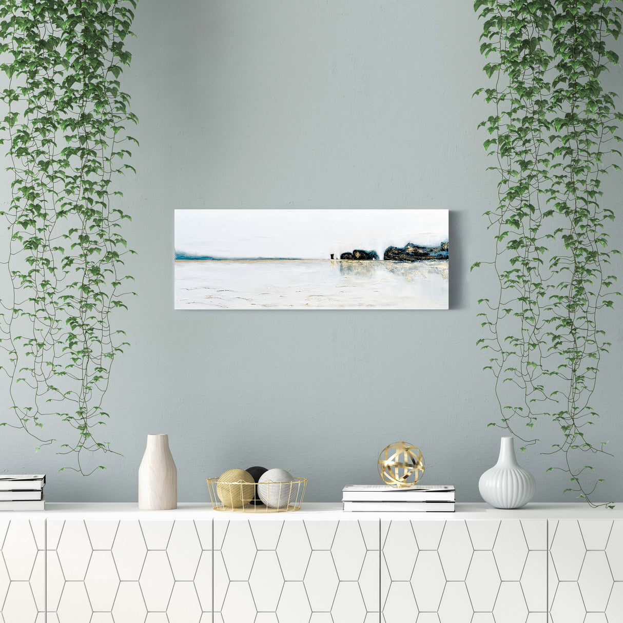 Monochrome coastal landscape painting featuring Old Harry Rocks with touches of gold paint for a reflective effect.