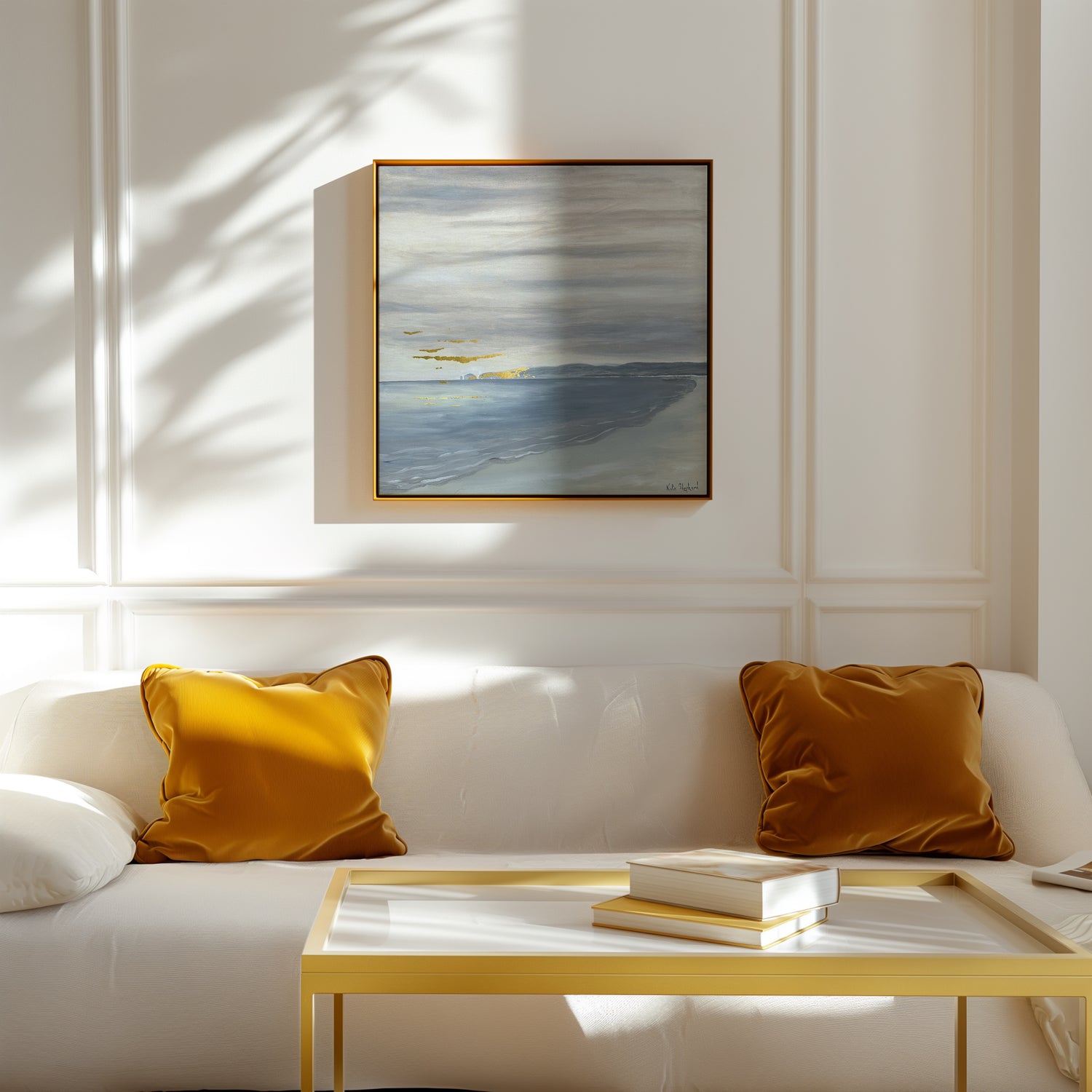 Unique hand-painted oil artwork of Old Harry Rocks with gold foil accents.