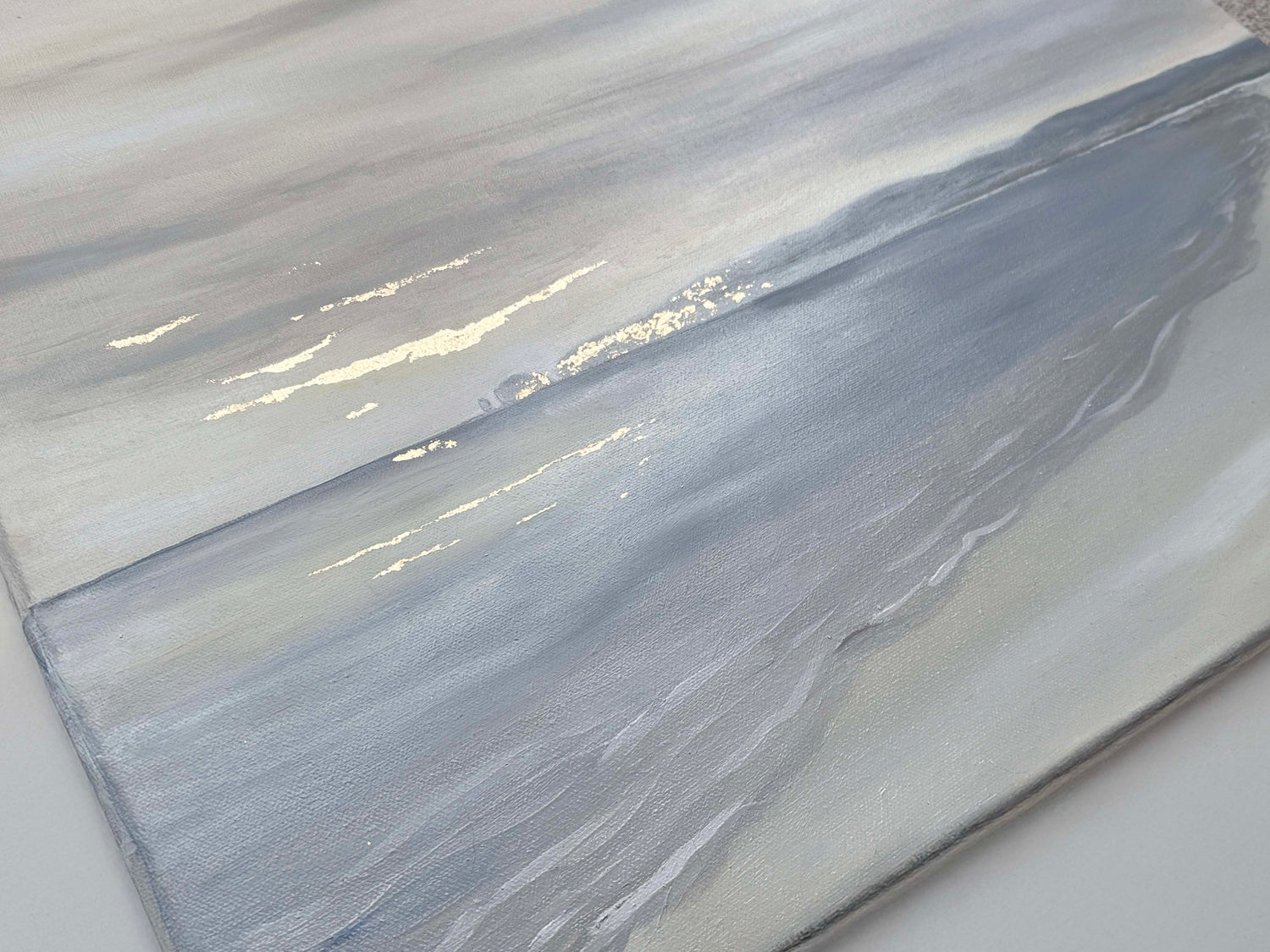 Original 61x61cm oil painting of Old Harry Rocks with shimmering gold foil highlights.