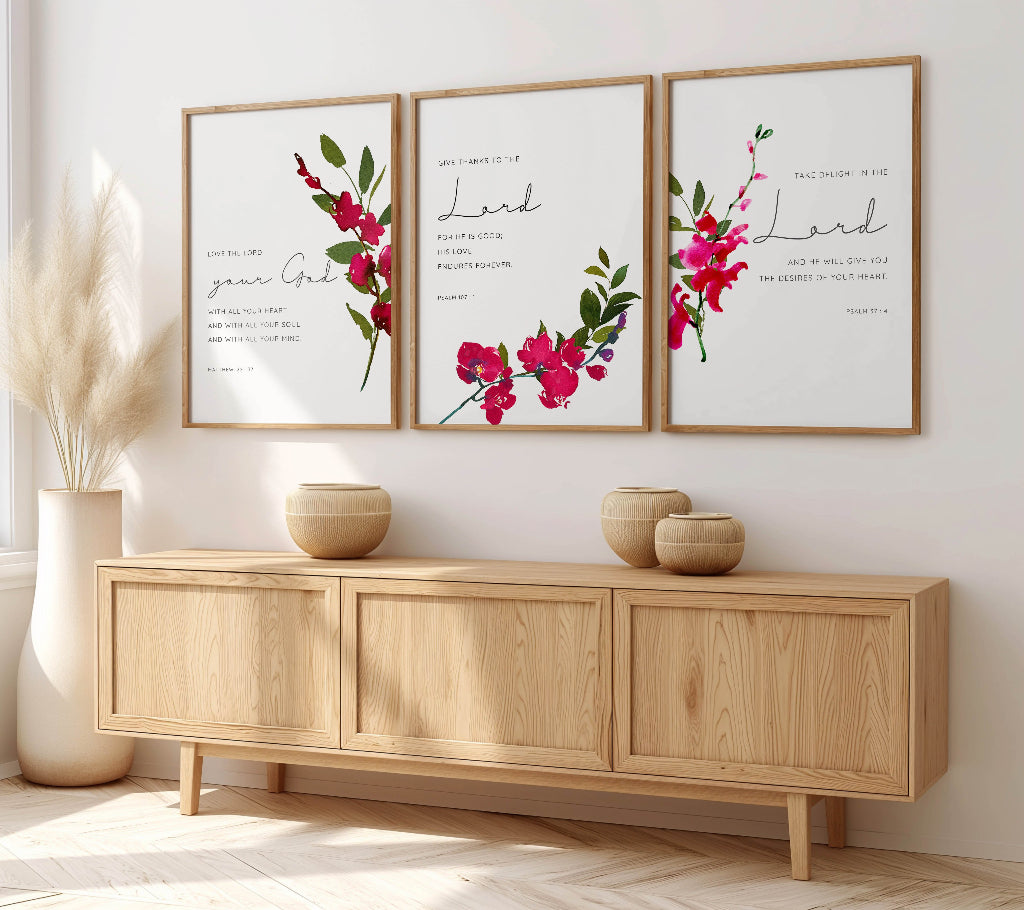 Christian floral wall art featuring pink orchid prints with inspirational Bible verses for your home.