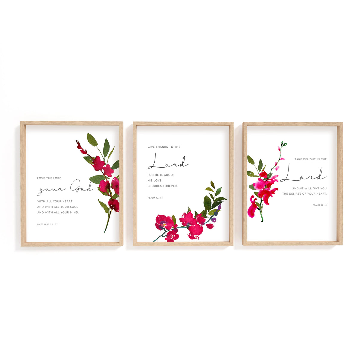 Pink orchid Bible verse print with Psalm 107 1 reminding us to love God with all our heart and mind.