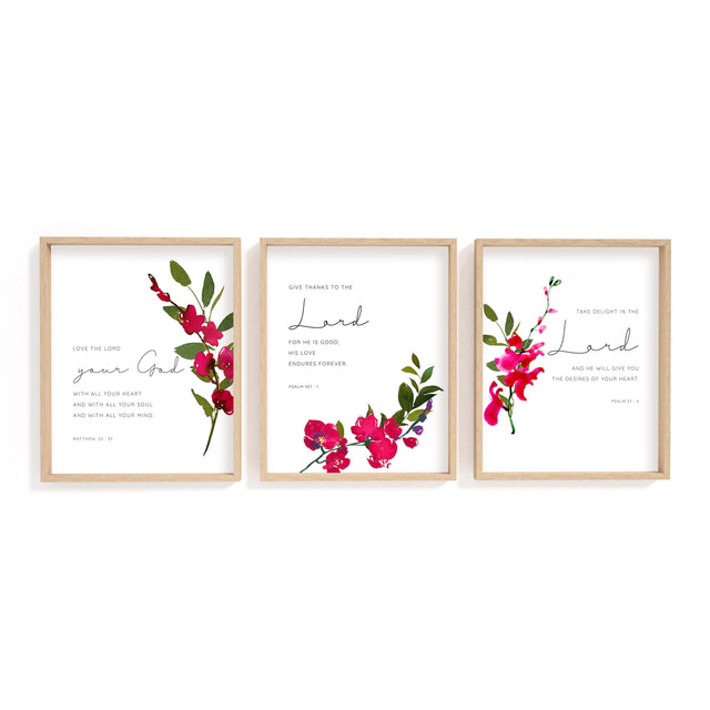 Pink orchid Bible verse print with Psalm 107 1 reminding us to love God with all our heart and mind.
