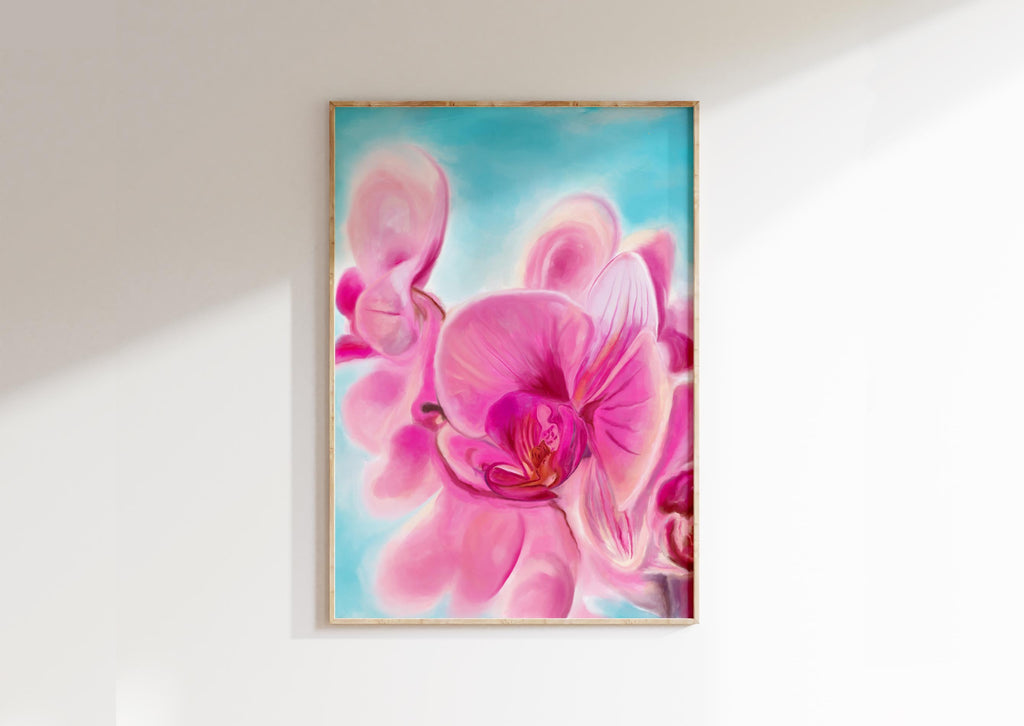 Eye-Catching Orchid Painting in Bright Blue and Pink, Floral Wall Art: Pink Orchid on Bold Blue Canvas