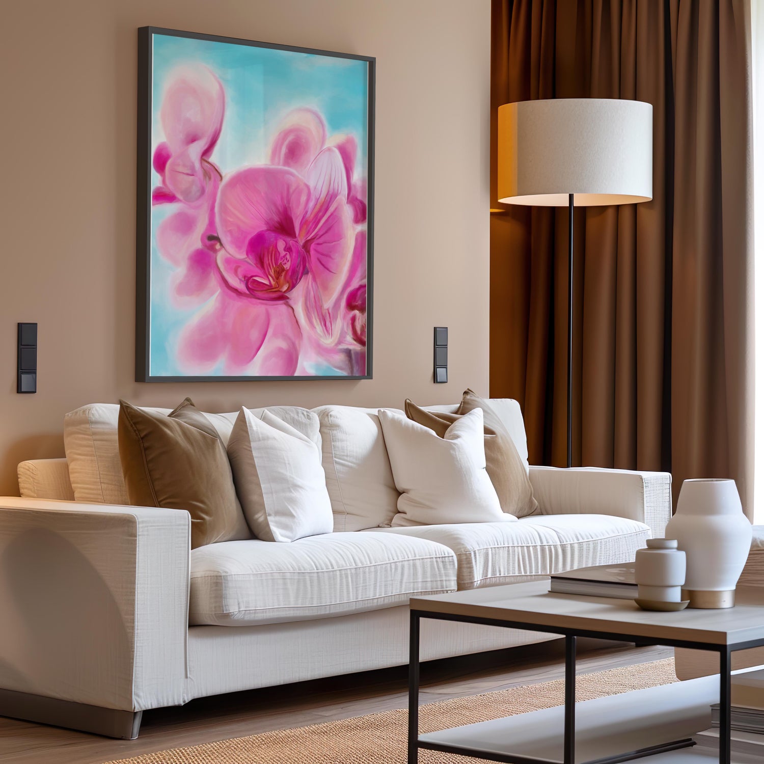 vivid pink orchid petals with blue tones behind in floral art print.