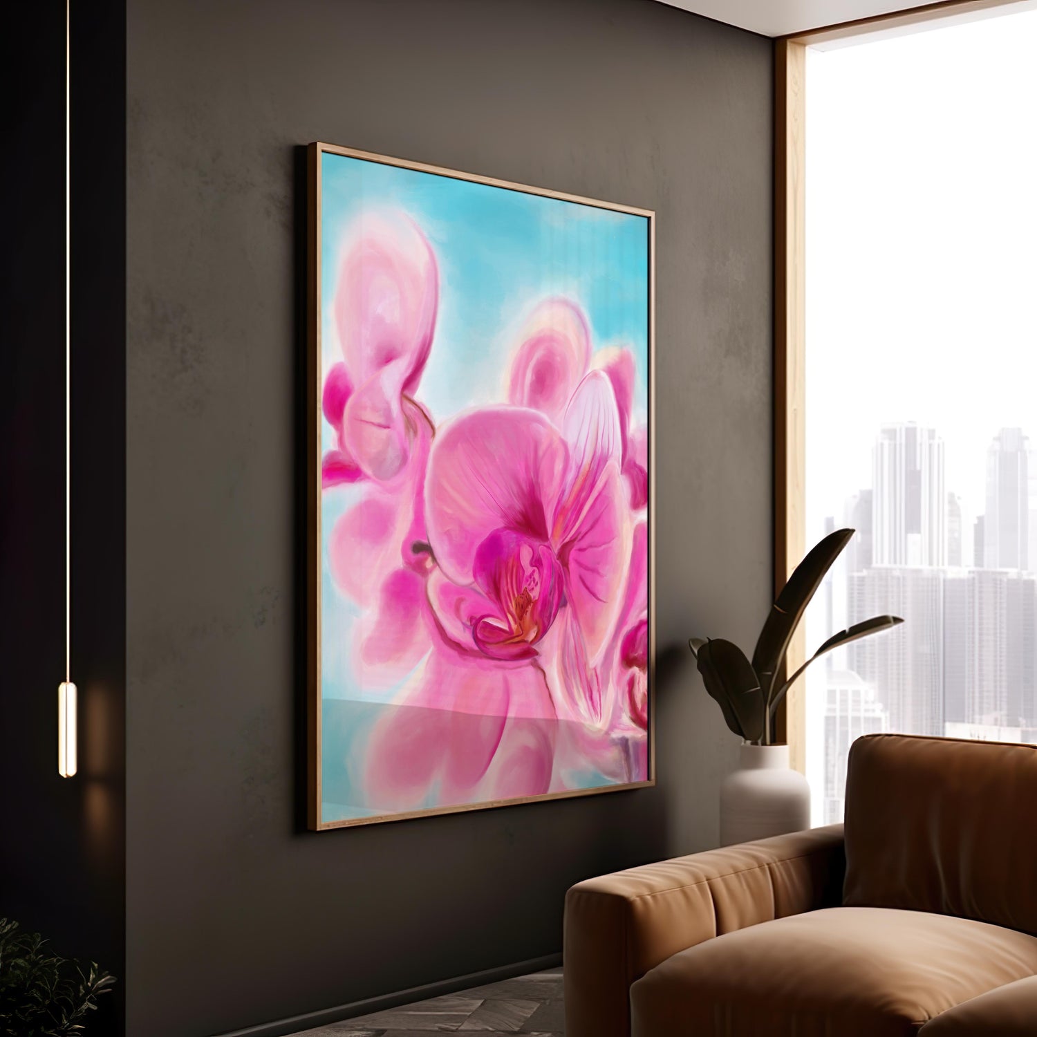 Elegant floral close-up of a pink orchid on a textured blue background.