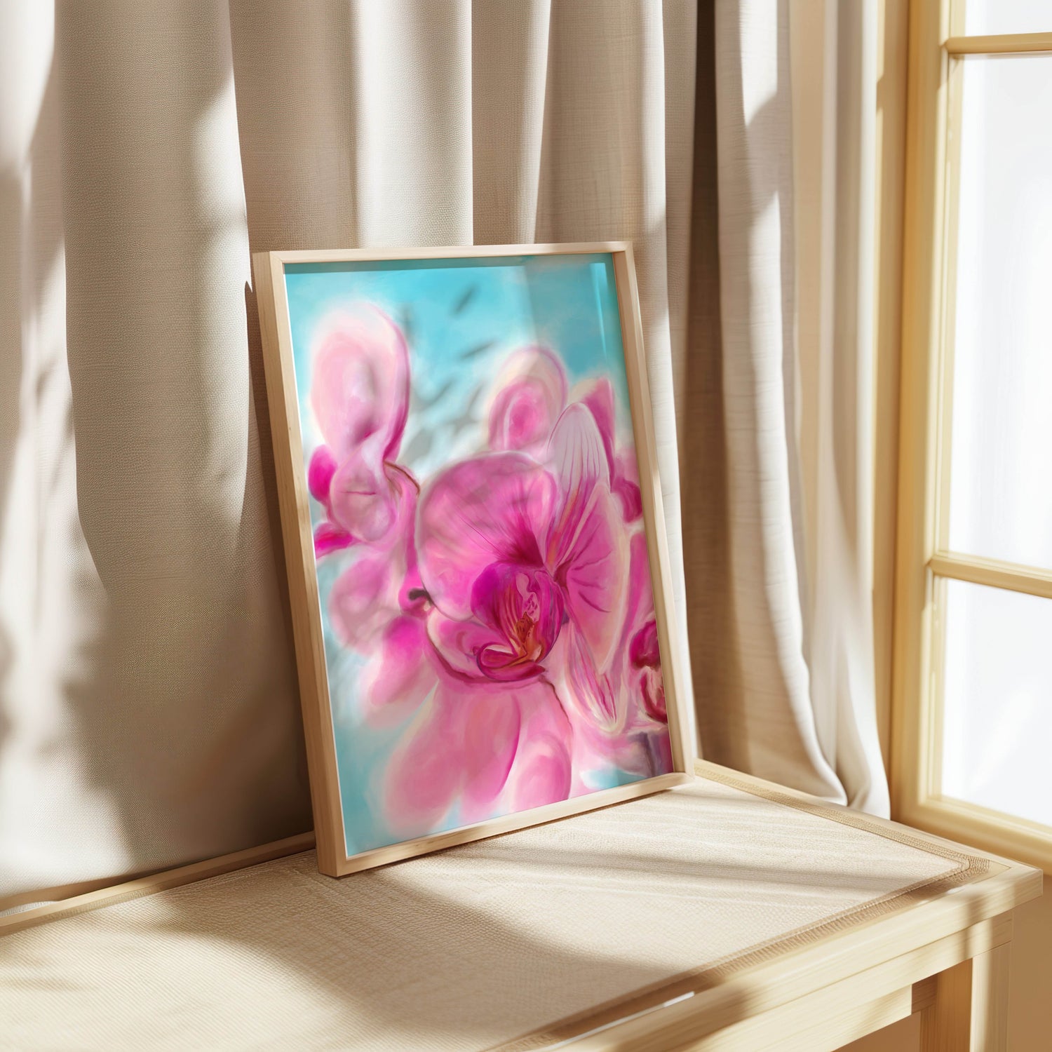 Close-up painting of a pink orchid flower against a soft blue background.