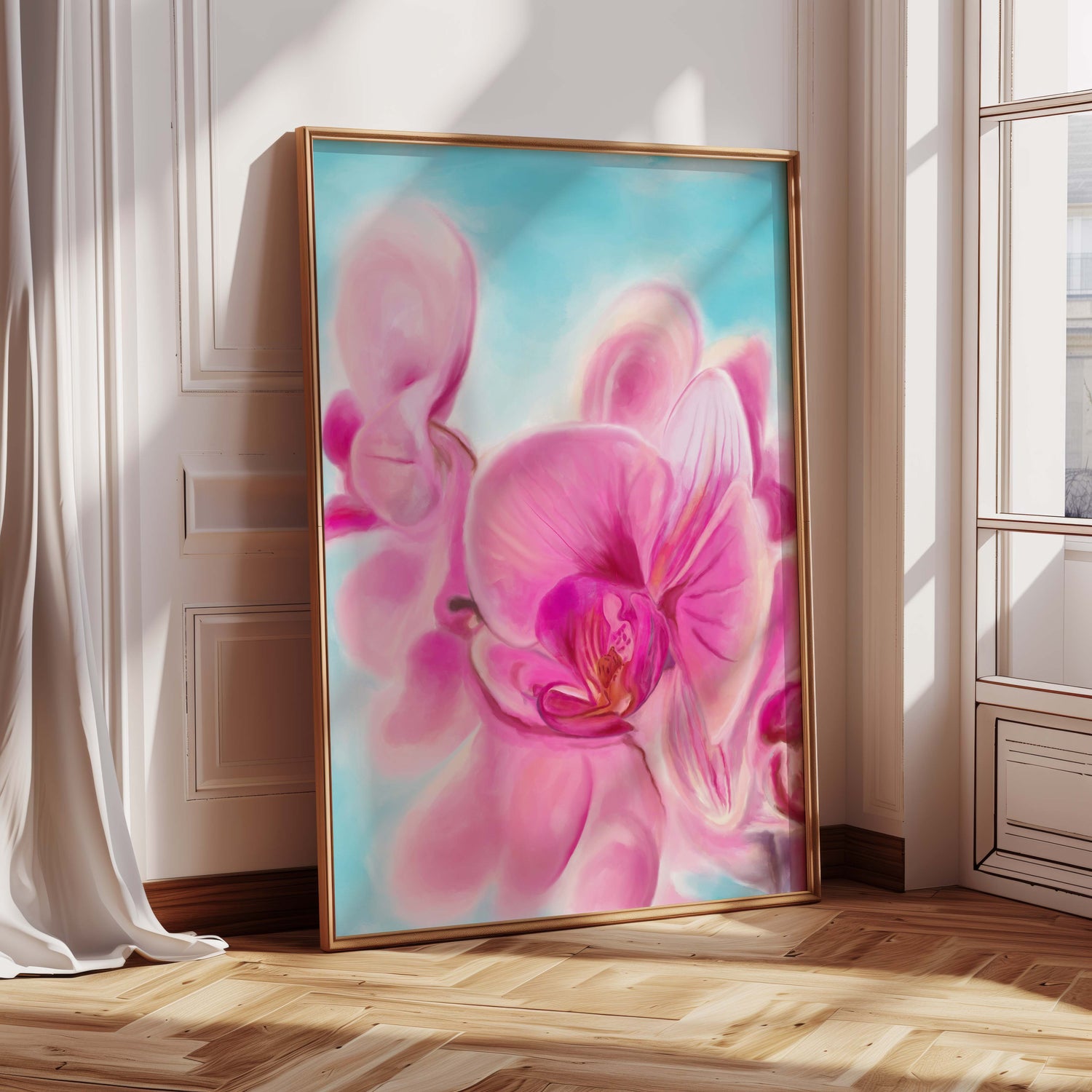 painting artwork showing a pink orchid in full bloom.