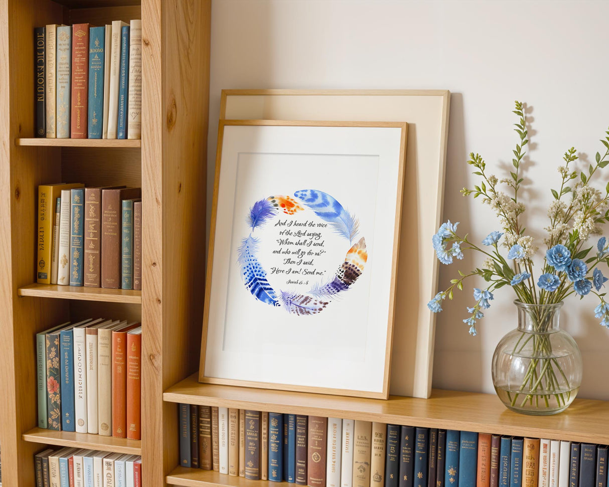 Inspiring Christian art with “Whom shall I send?” scripture surrounded by watercolour-style feather design.