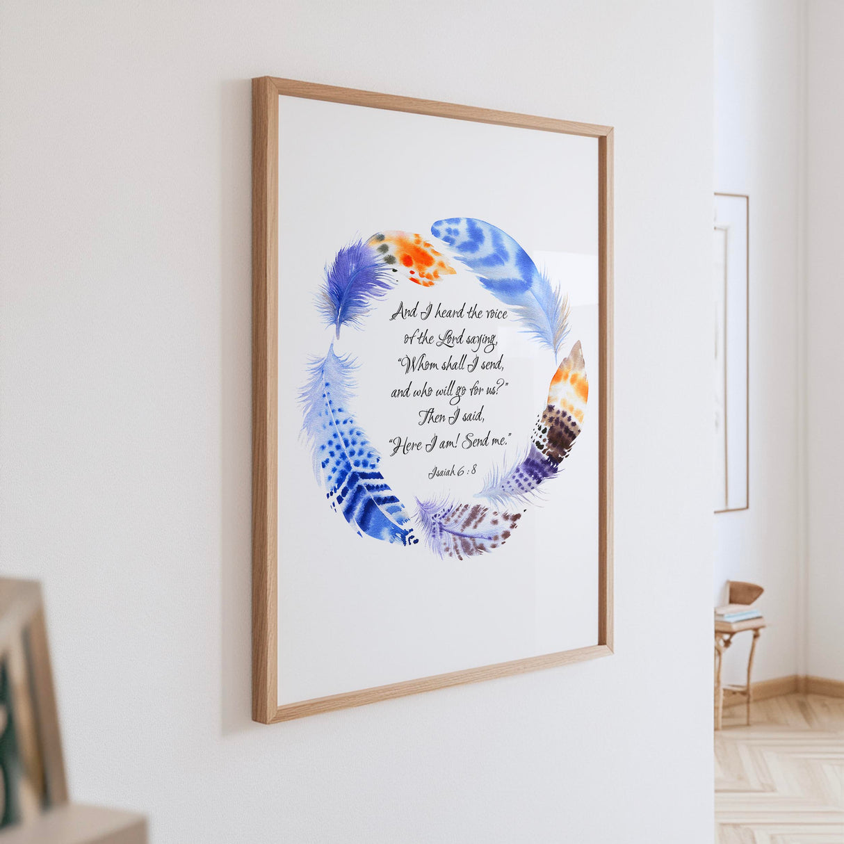 Christian wall art featuring Isaiah 6:8 scripture and a hand-painted wreath in calming blue and bold orange tones.