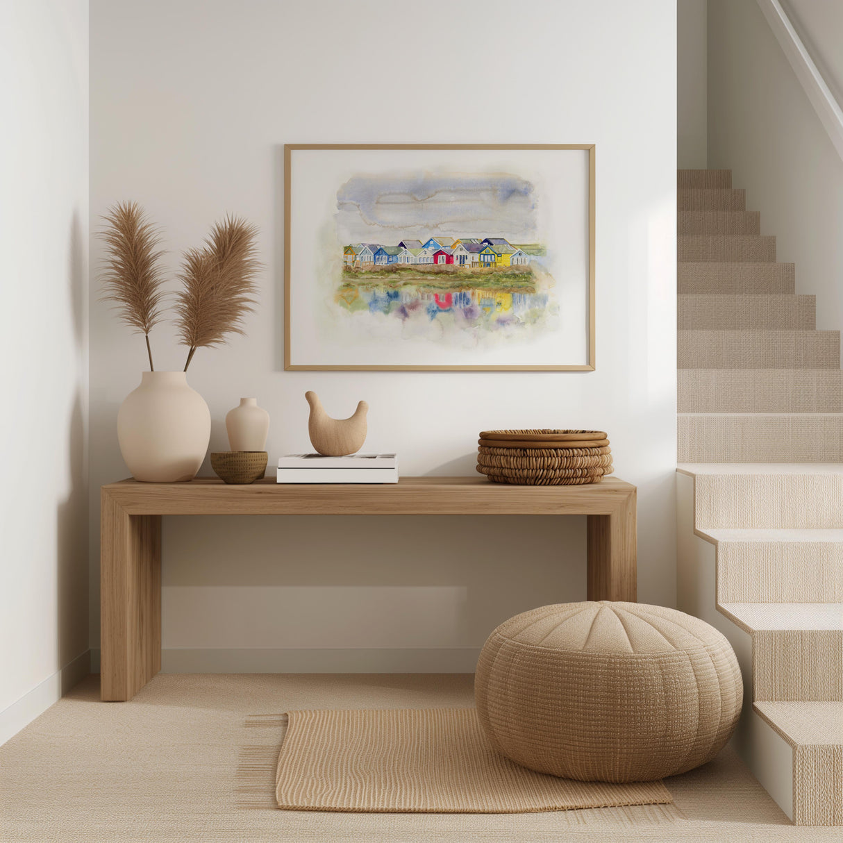 Coastal wall art featuring colourful beach huts from Mudeford in soft watercolour by Kate Shephard