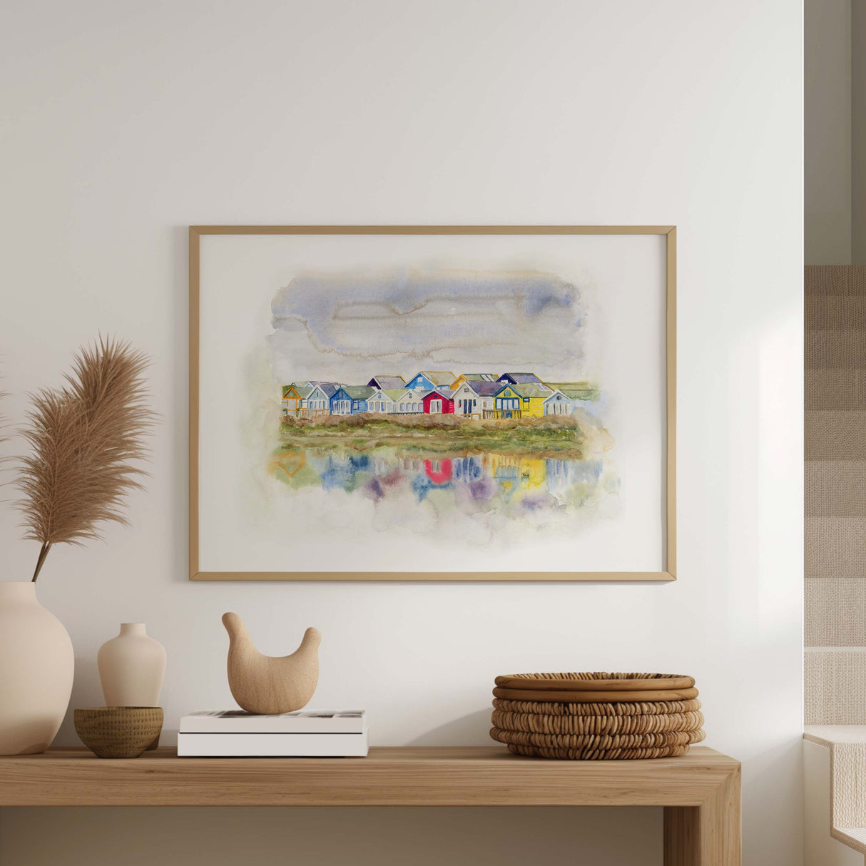 Coastal wall print with abstract beach huts and delicate water movement