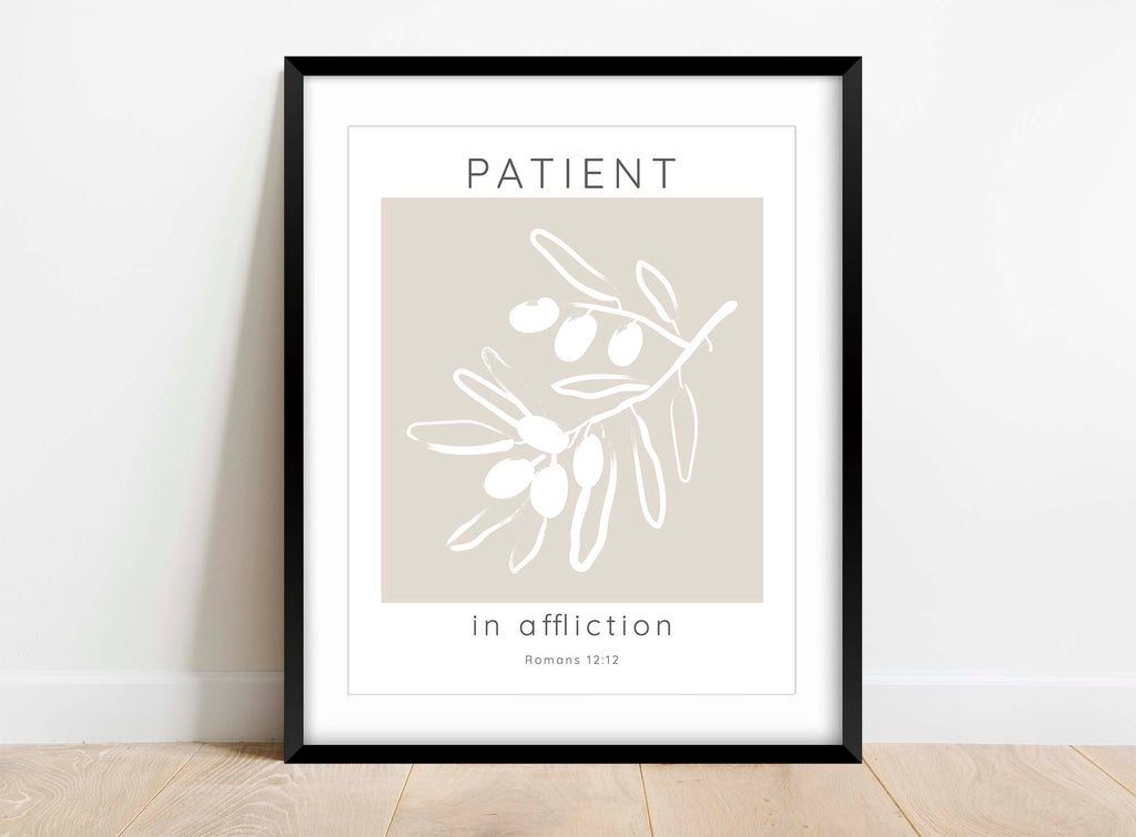 Faith-Inspired Beige White Wall Print, Olive Branch Bible Verse Wall Art, Patience in Affliction Verse Wall Art