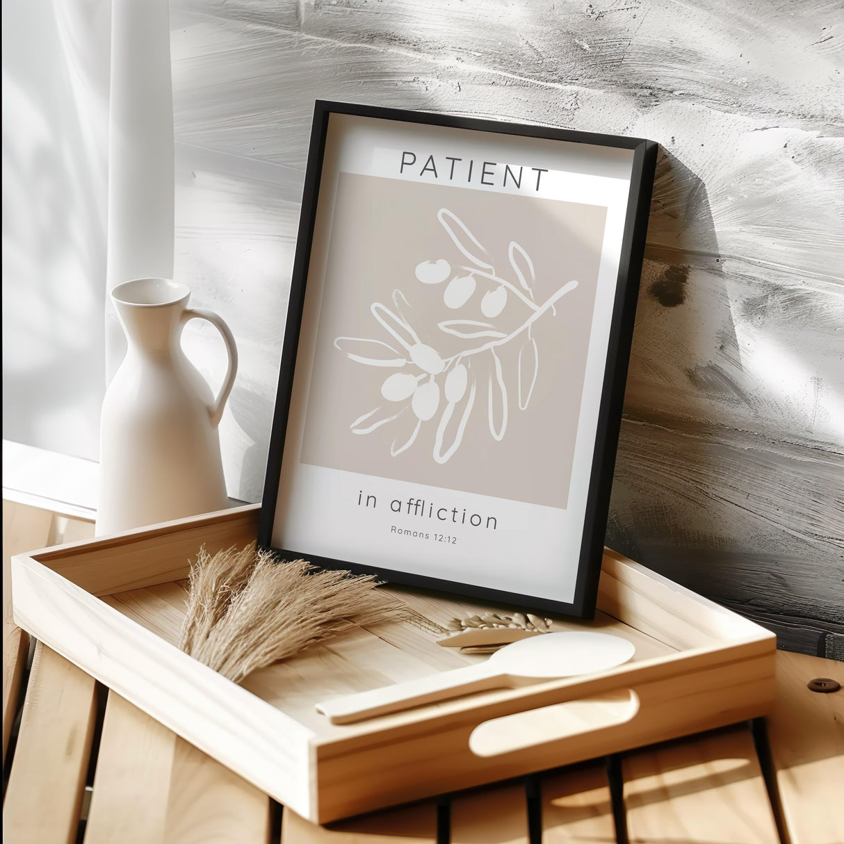Neutral beige Bible verse print with "Patient in affliction" from Romans 12:12 and abstract olive tree artwork.