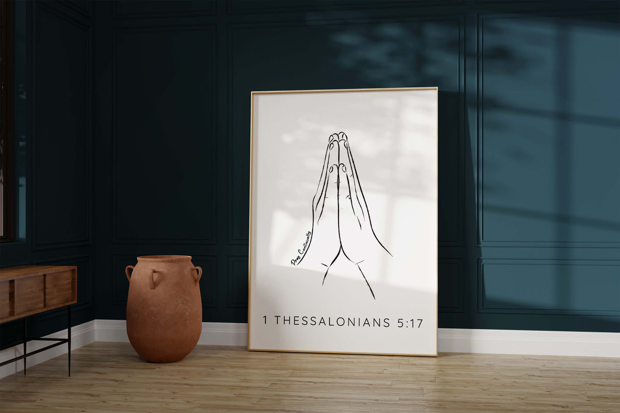 Minimalist Pray Continually Christian Line Art, 1 Thessalonians 5 17 Praying Hands Bible Verse Wall Art Print Modern Minimal Home Decor