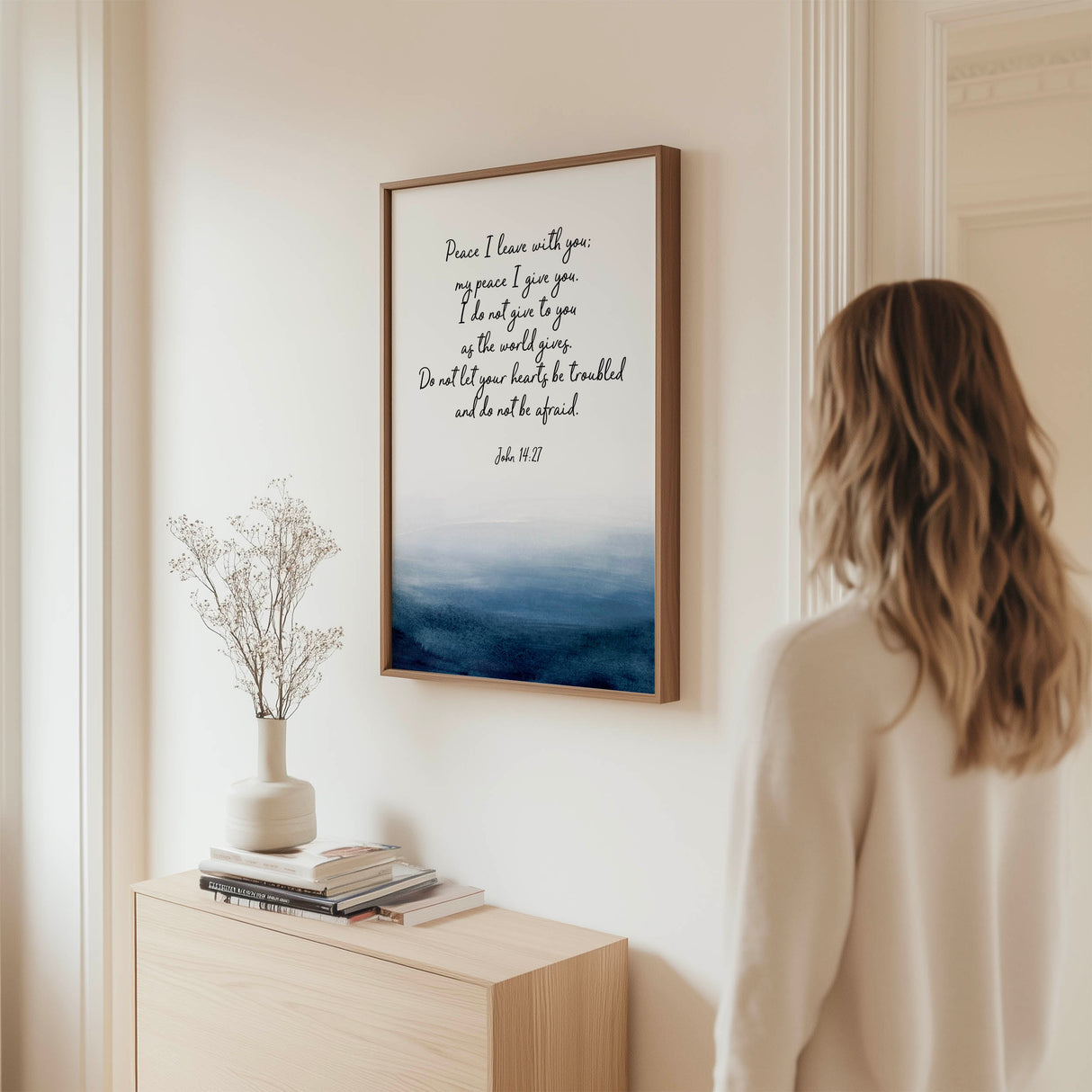 Christian ocean-themed art print featuring John 14:27 in elegant script above abstract indigo waves.