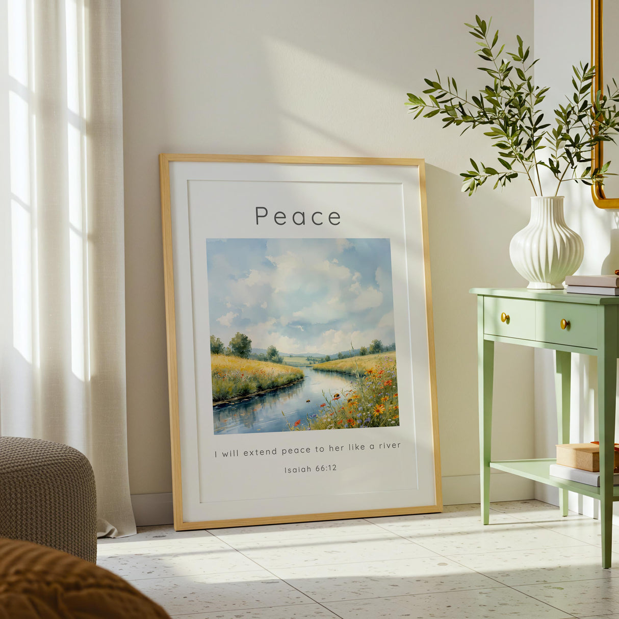 Isaiah 66:12 – Christian wall art showing a calm river and summer wildflowers.