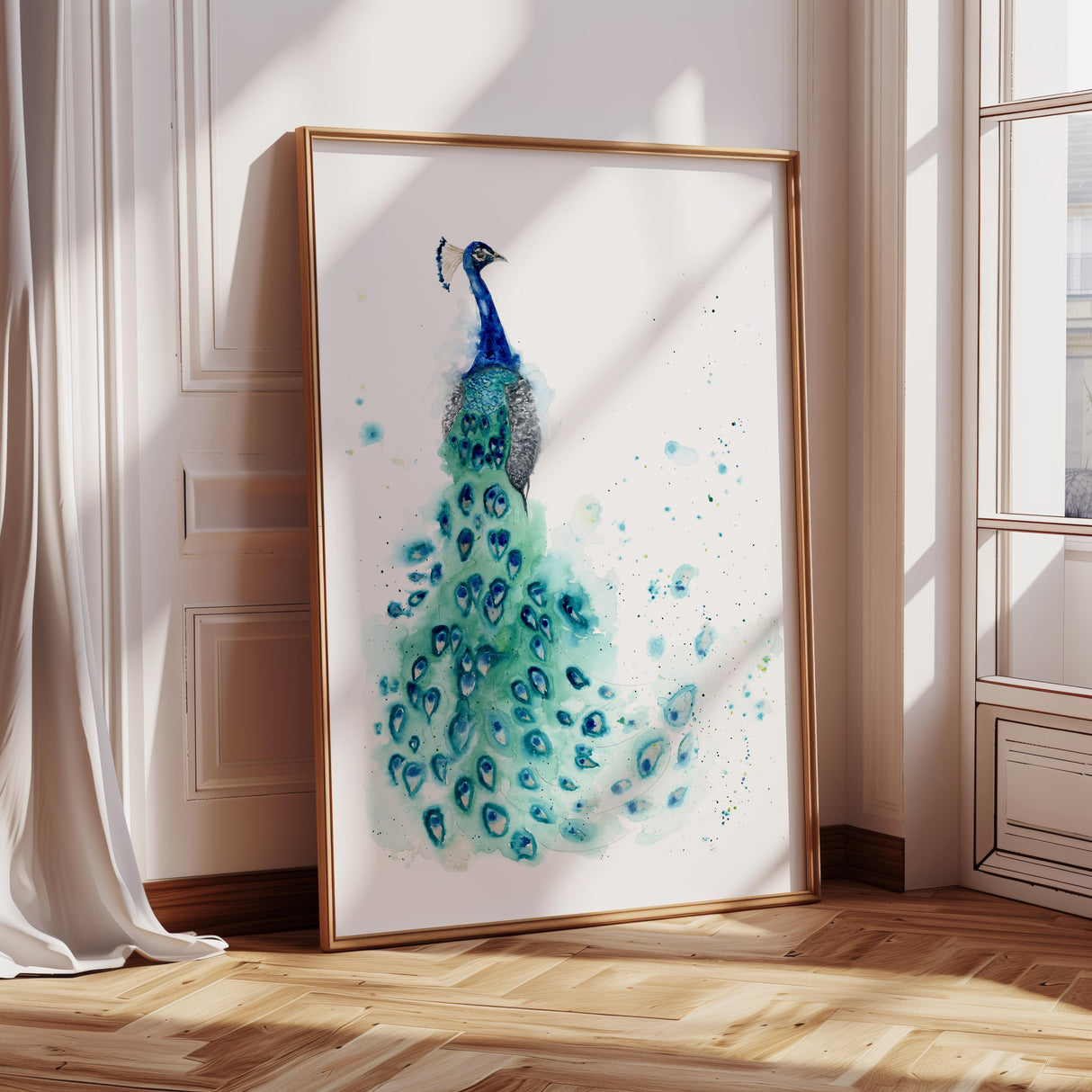 A bold peacock print featuring vivid watercolor blues and greens, painted by Dorset artist Kate Shephard.